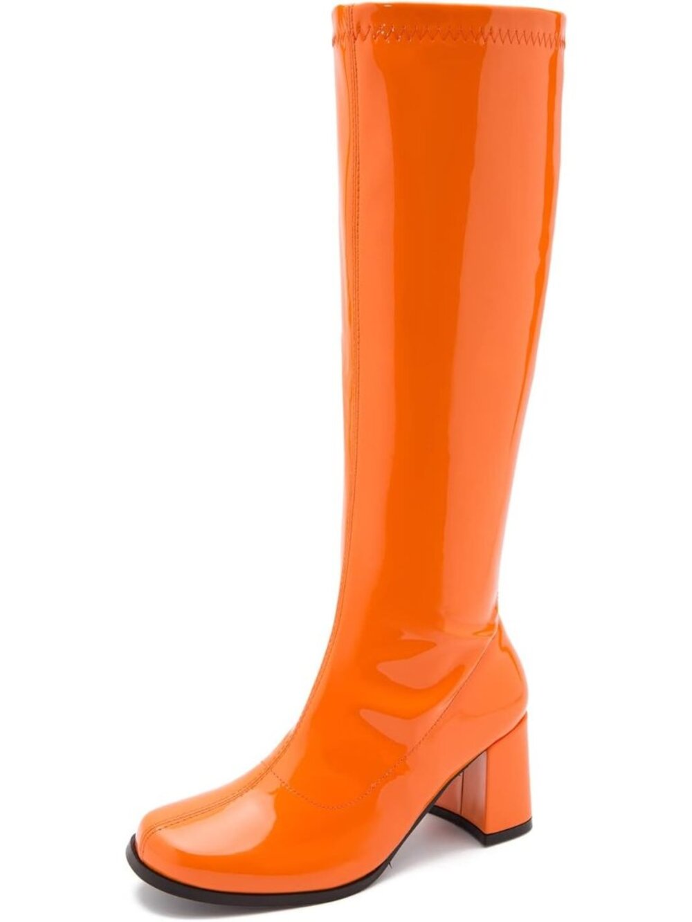 🆕Women's Orange Knee High Gogo Boots Square Toe Retro Disco Block Heel Boots
